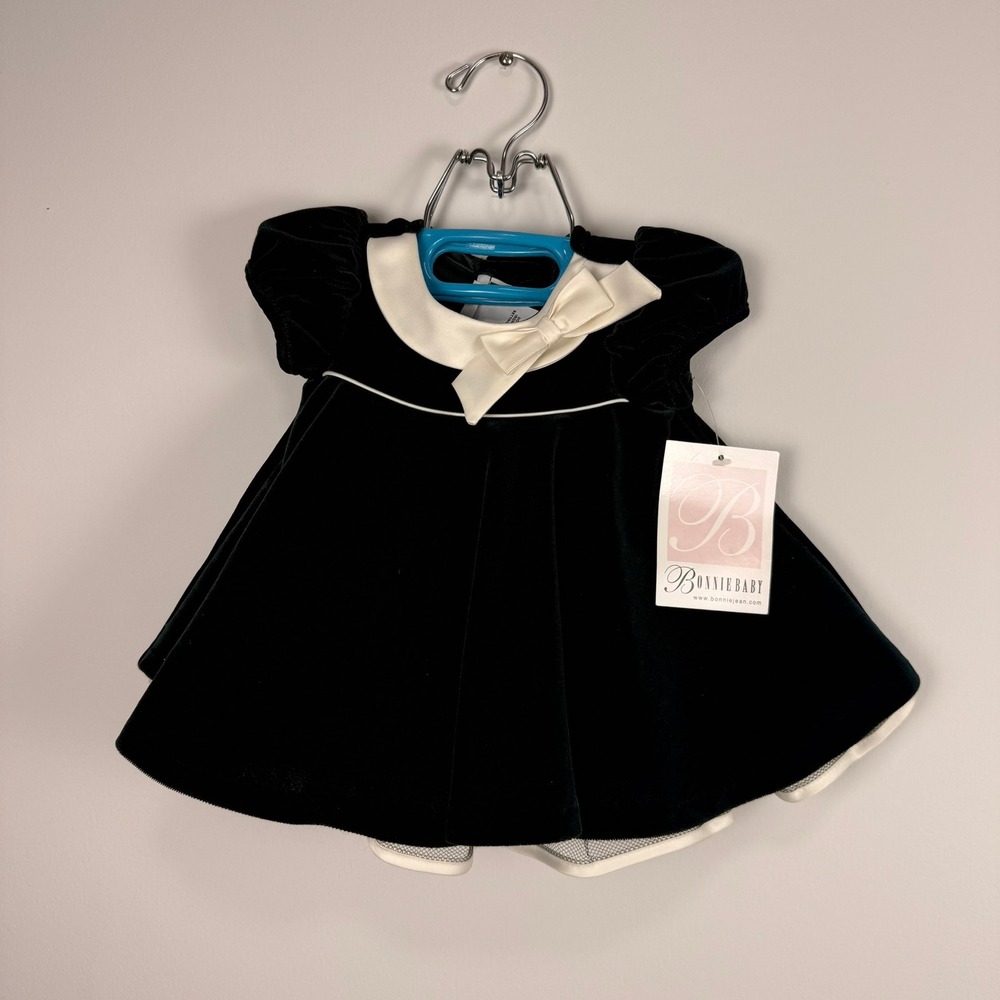 Bonnie Baby Dark Green Velvet Holiday Dress Peter Pan Collar Bow 3-6M X54673-1